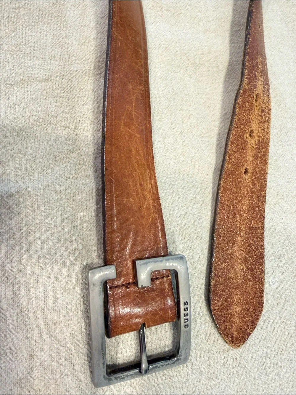 Guess western brown/tan leather belt silver tone buckle 36”